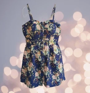 Delia's Bustier Mini Dress Button Up Navy Blue Floral Spaghetti Strap Size M - Picture 1 of 10