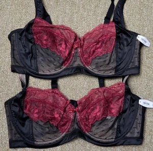 Adore Me Gr. 38DD ungefüttert transparent schwarz burgund Spitze Bügel BH 2er Set LESEN - Bild 1 von 22