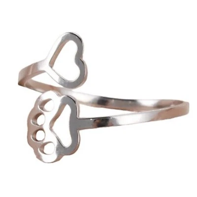 Pet Memorial Ring Silver 316L Stainless Steel Cat Dog Paw Print Heart Band - Image 1 of 4