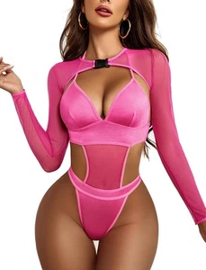 Rave Outfits Women Exotic Teddy Bodysuit Sheer Crop Top and Bodysut Set - Picture 1 of 6