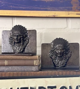 Pair of VTG Cast Iron Native American Indian Chiefs In Headdress Bookends - Picture 1 of 20