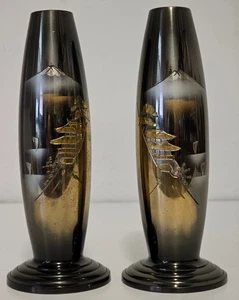 Vintage japonés Mt. Jarrones Fuji de bronce/latón grabados a mano y dorados negros 6" - Imagen 1 de 9