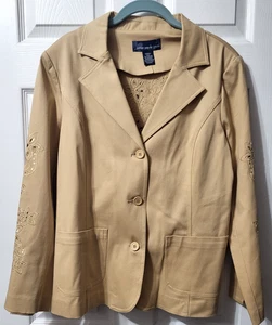 Blazer donna Susan Graver Style piccolo marrone ricamato ritaglio floreale 3 bottoni - Foto 1 di 8