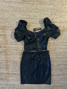 HAUTE MONDE BLACK FAUX LEATHER PUFF SLEEVE CROP TOP AND MINI SKIRT SET SIZE S - Picture 1 of 8