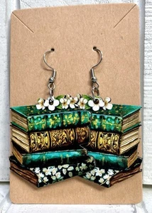 Bücherstapel Ohrringe Holz doppelseitig floral Akzent Modeschmuck - Bild 1 von 7