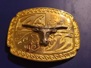 3 X 4 Western Longhorn Brass Belt Buckle With Contrasting Steer In Middle Large - Picture 1 of 5