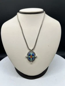 Carolyn Pollack Sterling Inlaid Lapis Stone Cross Pendant w/ 24” Popcorn Chain - Picture 1 of 5