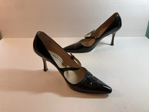 Manolo Blahnik Black Patent Leather Mary Jane,  gold dots and Campari Heel 38.5 - Picture 1 of 9