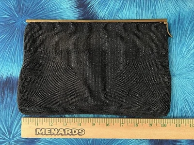 VTG Walborg Black Beaded Clutch Handbag w/Unique Top Bar Closure 10-1/4" x 7" - Bild 1 von 4