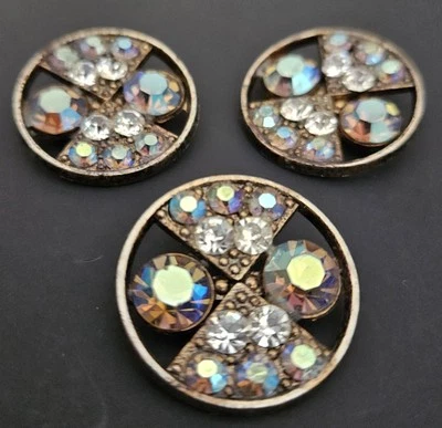 Aurora Borealis Rhineatone Buttons Vintage Gold Tone Metal 1" Set Of (3) - Image 1 of 4