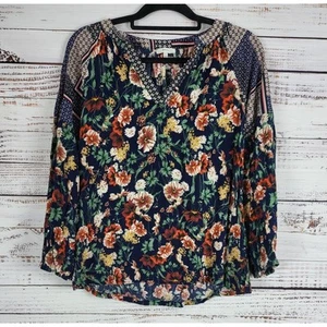 Jodifl Long Sleeve Blouse S Womens Blue Floral Print V Neck Pullover Boho Fall - Picture 1 of 6