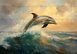 DOLPHIN ART PRINT, Marine Wildlife Wall Decor, Ocean Waves Sea Beach Poster F729 - Picture 1 of 2