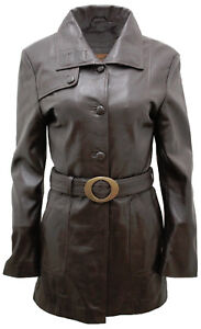 Women's Classic Chocolate Brown Leather Military Belted Peacoat