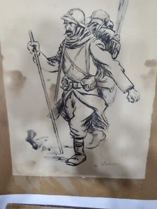 PRIMERA GUERRA MUNDIAL BOCETO BATALLA DE CAMPO TRINCHERA ARTE DIBUJO ESCENA SOLDADO EN UNIFORME FIRMADO - Imagen 1 de 5