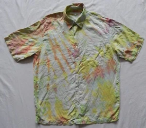 Silk Tie Dye Green Red Short Sleeve Button Up Shirt - Medium Mens Hand Made - Picture 1 of 5