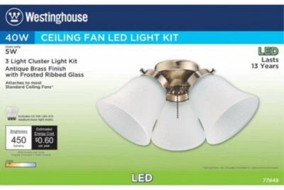 Комплект светодиодного потолочного вентилятора Westinghouse антикварная латунь с матовым ребристым стеклом - Изображение 1 из 2
