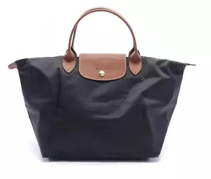 LONGCHAMP LE PLIAGE BLACK NYLON BROWN LEATHER L TOTE BAG SHORT HANDLE NEW NWOT - Picture 1 of 8