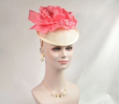 Ivory Coral Silk Flower with Sinamay Fascinator Hat Kentucky Derby Wedding Tea  - Image 1 of 4