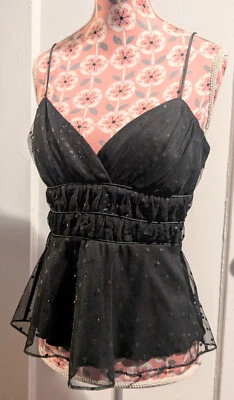 100% Seda BETSEY JOHNSON Negro Brillante Malla Camisola Ajustable 4 S Foto 1 de 4