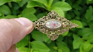 Antique Ladies Gown 2-3/8 x 1-1/4 Brass Notion w/ Floral Cabochon Crom.sewing - Picture 1 of 4
