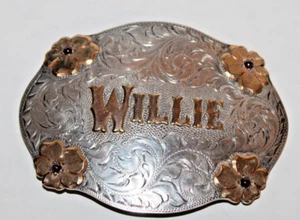 Antique Sterling Silver 12k Gold Garnet Belt Buckle Large Etched Flowers WILLIE - Picture 1 of 7