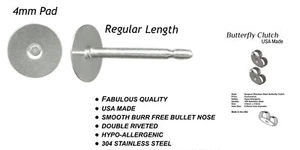 4mm Pad USA Surgical Stainless Steel Studs with Clutch Variations - Standard Len - Picture 1 of 35
