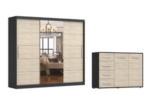 2er-Set Schwebetürenschrank ALBA I Kommode FRIDA 01 Schwarz/Sonoma - Bild 1 von 9