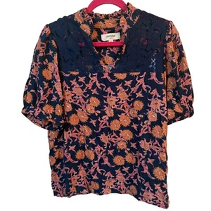 Porridge Anthropologie Hemd Bluse Gr. M blau orange Blumen Puffärmel Landhaus - Bild 1 von 6