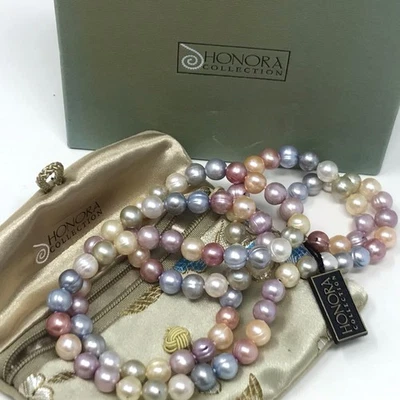 Honora Freshwater Ringed Pearl Necklace 36" Long Pastel Colors .925 Silver Clasp - Image 1 of 4