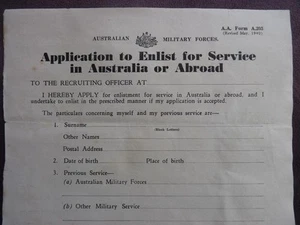 WW2 AUSTRALIAN ARMY ANZAC - BLANK ENLISTMENT APPLICATION FORM - DATED 1940 - Picture 1 of 1