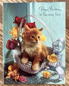 Unbenutzte Vintage orange + weiß Kätzchen Katze im Korb Rosen Geburtstag Grußkarte - Bild 1 von 8