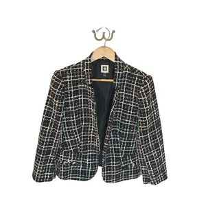 Anne Klein Medium Black Plaid Tweed Open Blazer Jacket Business Career - Picture 1 of 9
