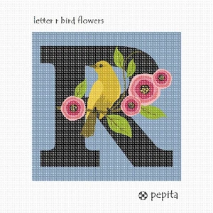 Letter R Bird Flowers Needlepoint Kit or Canvas - Picture 1 of 2