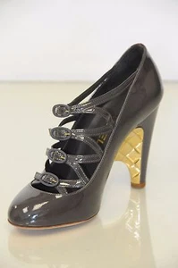New Chanel Dark Grey Patent Pumps Buckle Strap Gold Heels Shoes 36.5 RARE! - Picture 1 of 11