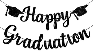 2025 Black Glitter Happy Graduation Banner Garlands Congrats Grads Graduation Ba - Picture 1 of 12