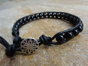 Herren Schwarz Onyx Edelstein Einzel Wickel Leder Armband Tribal Bohemian 7,5" - Bild 1 von 6