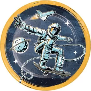 Space Skateboarder 9 Inch Paper Plates 8 Per Pack Space Birthday Tableware - Picture 1 of 1