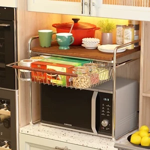 Neu Mikrowellengestell mit ausziehbarer Schublade, 2 Ebenen Mikrowellenständer Utensilien - Bild 1 von 9