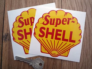 Super Shell Classic Petrol Pump STICKERS 4" Pair Car Classic Gasoline Bike Race - Picture 1 of 1