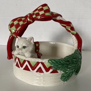 Fitz & Floyd Yuletide Kitten In Basket Christmas Ceramic White Cat Red Now EUC - Picture 1 of 18