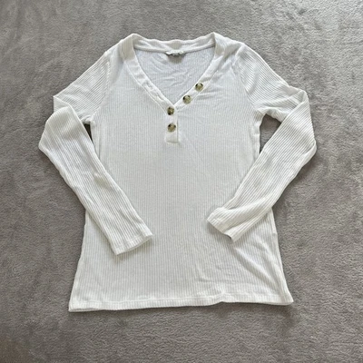 Lucky Brand Ivory Henley Top M Ribbed Knit Button Neck Fall Capsule Basic - Image 1 of 4