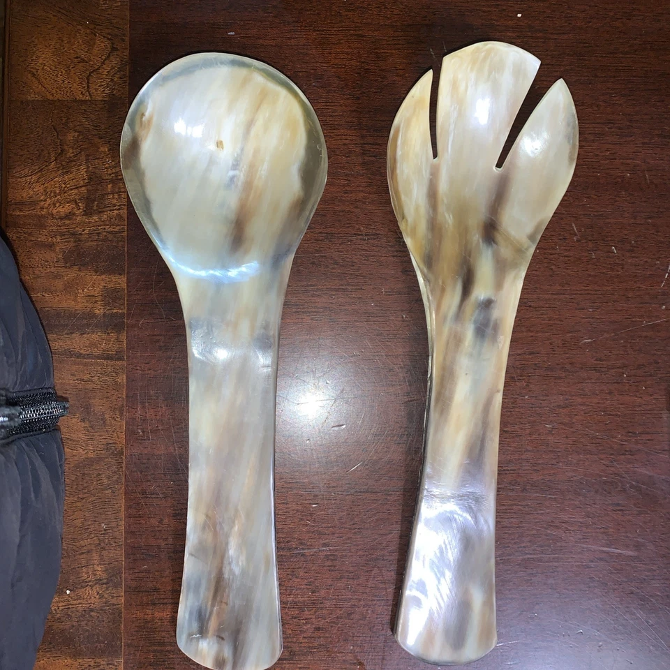 Rare Vintage Carved Horn Serving Spoon and Fork 11 inch long. Unique  - Image 1 of 4