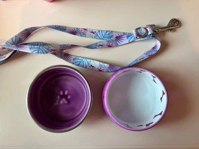 Purple Cute Girl’s Small Breed~Dog Bowl Lot of 2 +Leash (Good Condition) - Image 1 of 4