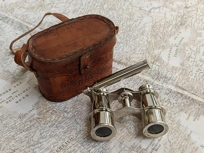 Telescopio de latón pulido con caja de cuero | Binoculares estilo vintage | T antiguo Foto 1 de 4