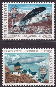 LIECHTENSTEIN #663-664 MNH AVIÓN DE CORREO SOBRE SCHAAN Y ZEPPELIN SOBRE CASTILLO VADUZ - Imagen 1 de 1