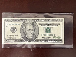 $20 Dollar Bills US Currency Binary Fancy Serial Number 08808000 - Picture 1 of 5