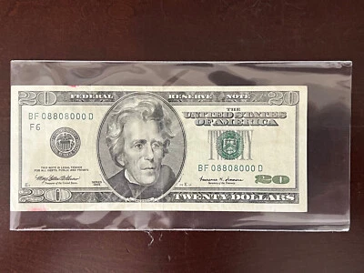 $20 Dollar Bills US Currency Binary Fancy Serial Number  08808000 - Image 1 of 4