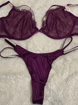 VICTORIA'S SECRET Demi BRA & Double SHINE STRAP THONG Panty Set 38D L Satin Lace - Image 1 of 4