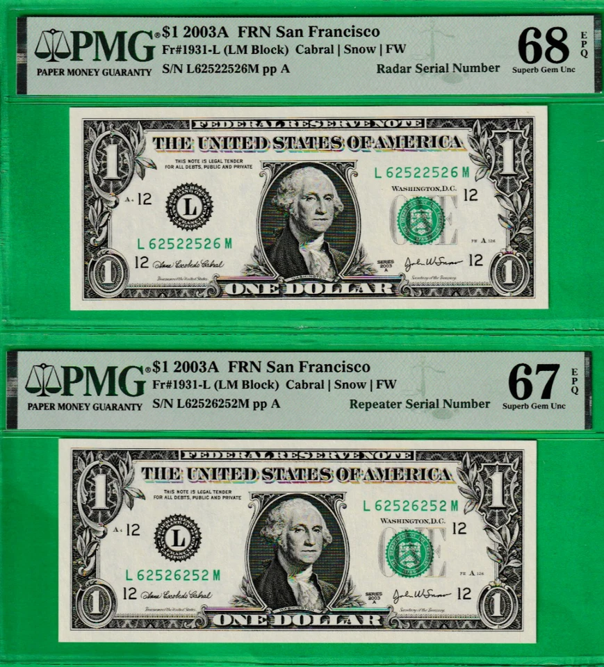 $1  Federal Reserve RADAR & REPEATER Serial 62522526 / 62526252 TWO NOTES PMG 68 - Image 1 of 2
