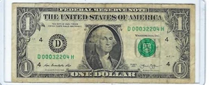 Circulated $1 Fancy One Dollar Note Bill Serial # D00032204H Low Sum 11 VeryCool - Picture 1 of 3